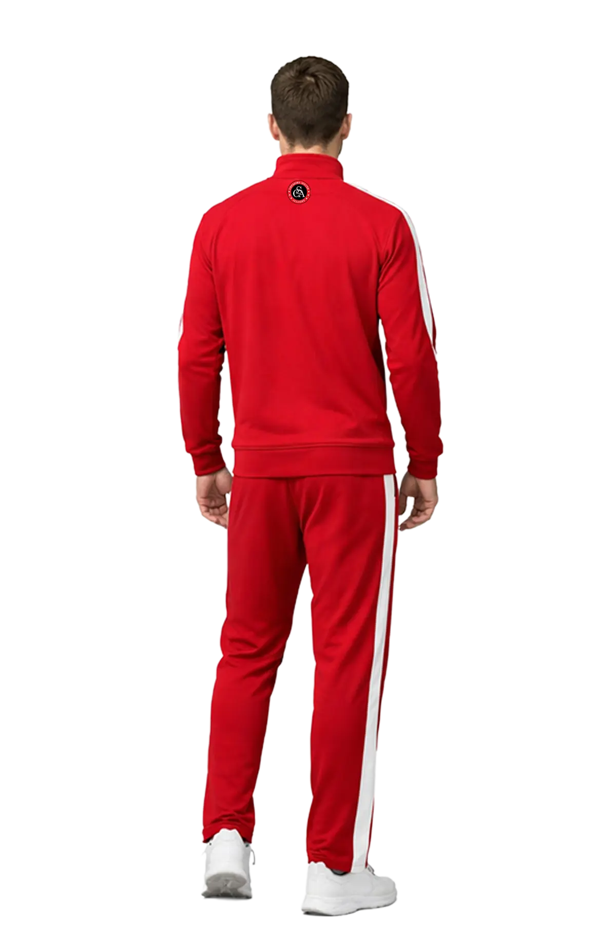 Man wearing a red tracksuit with white stripes on a white background. CSA Cheshire Soccer Academy, Paper Street Print Co, Blairstown, NJ.