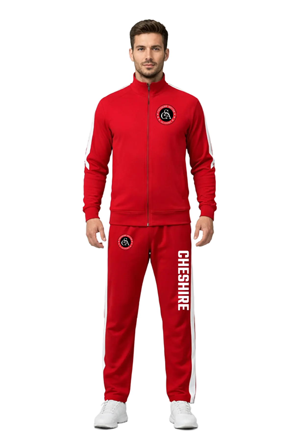 Man wearing a red tracksuit with 'Cheshire' branding on a white background. CSA Cheshire Soccer Academy, Paper Street Print Co, Blairstown, NJ.