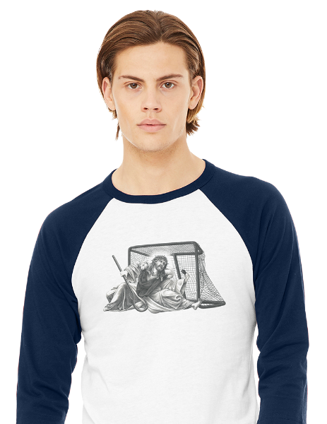 Man wearing a white and navy blue baseball shirt with graphic design on a white background