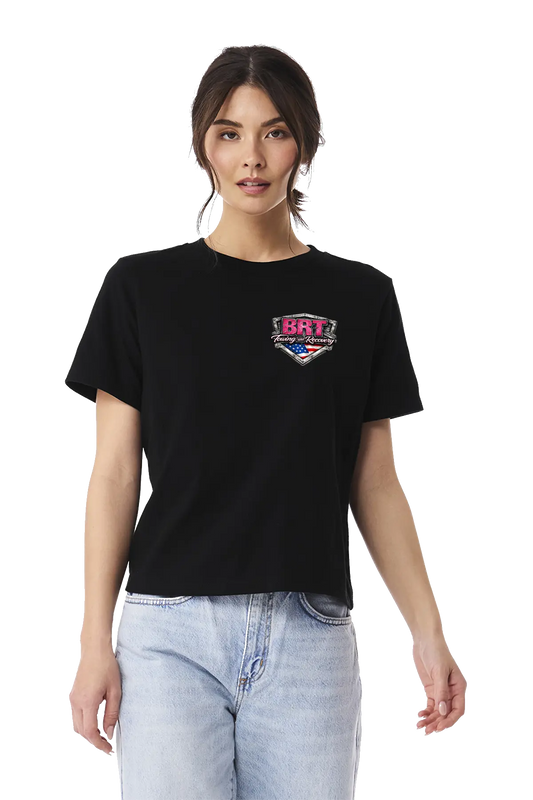 Person wearing a black t-shirt with a logo on a white background. BRT Towing and Recovery, Paper Street Print Co, Blairstown, NJ.