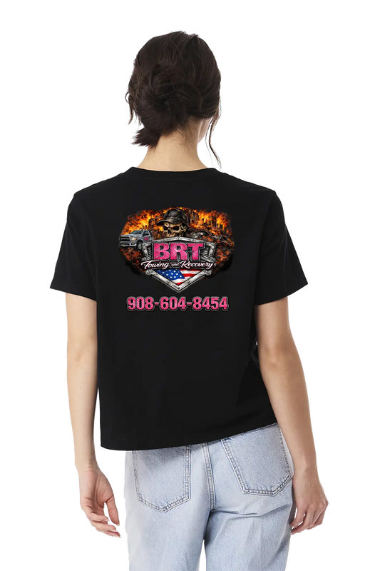 Person wearing a black t-shirt with a graphic design and contact information on the back, on a white background. BRT Towing and Recovery, Paper Street Print Co, Blairstown, NJ.