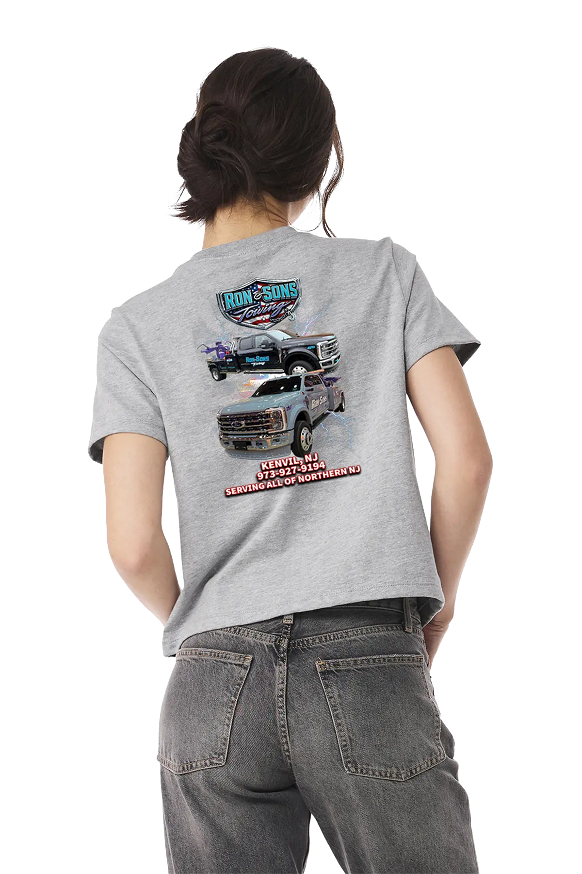 Person wearing a gray t-shirt with truck graphics and text on the back. Ron and Sons Towing, Paper Street Print Co, Blairstown, NJ.