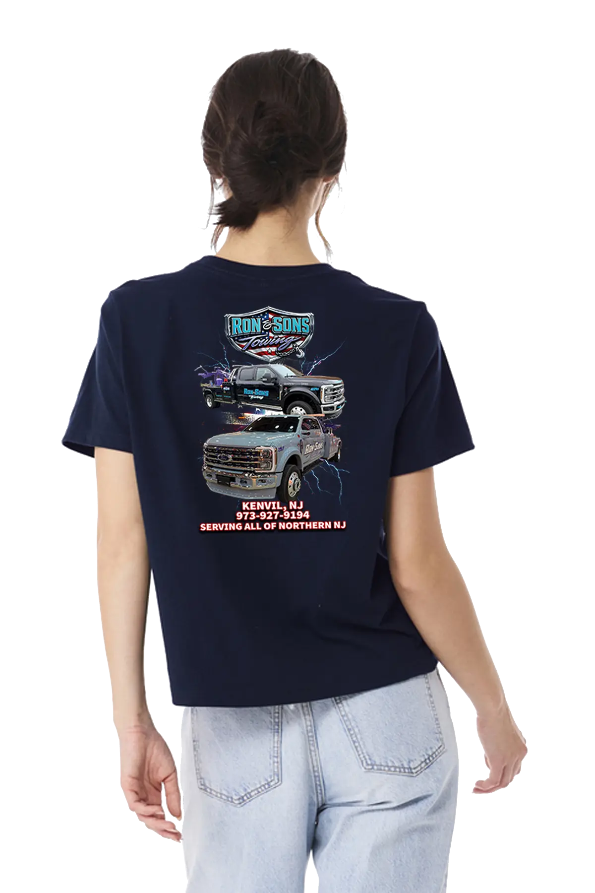 Person wearing a navy blue t-shirt with Iron & Sons logo and truck graphic on the back. Ron and Sons Towing, Paper Street Print Co, Blairstown, NJ.