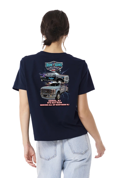 Person wearing a navy blue t-shirt with Iron & Sons logo and truck graphic on the back. Ron and Sons Towing, Paper Street Print Co, Blairstown, NJ.