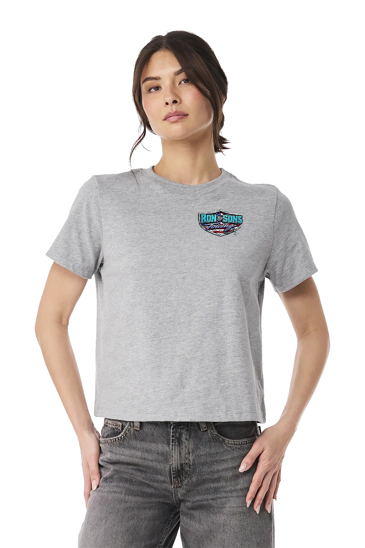 Woman wearing a gray t-shirt with a logo on a white background. Ron and Sons Towing, Paper Street Print Co, Blairstown, NJ.