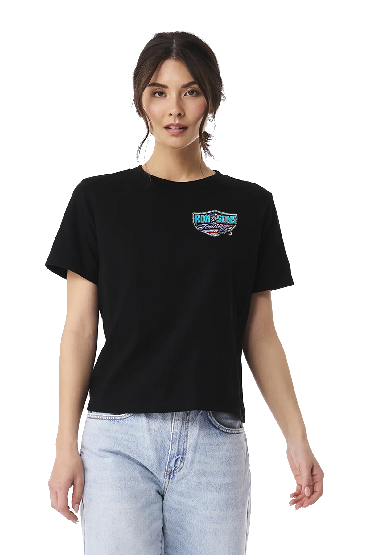 Person wearing a black t-shirt with a logo on a white background. Ron and Sons Towing, Paper Street Print Co, Blairstown, NJ.