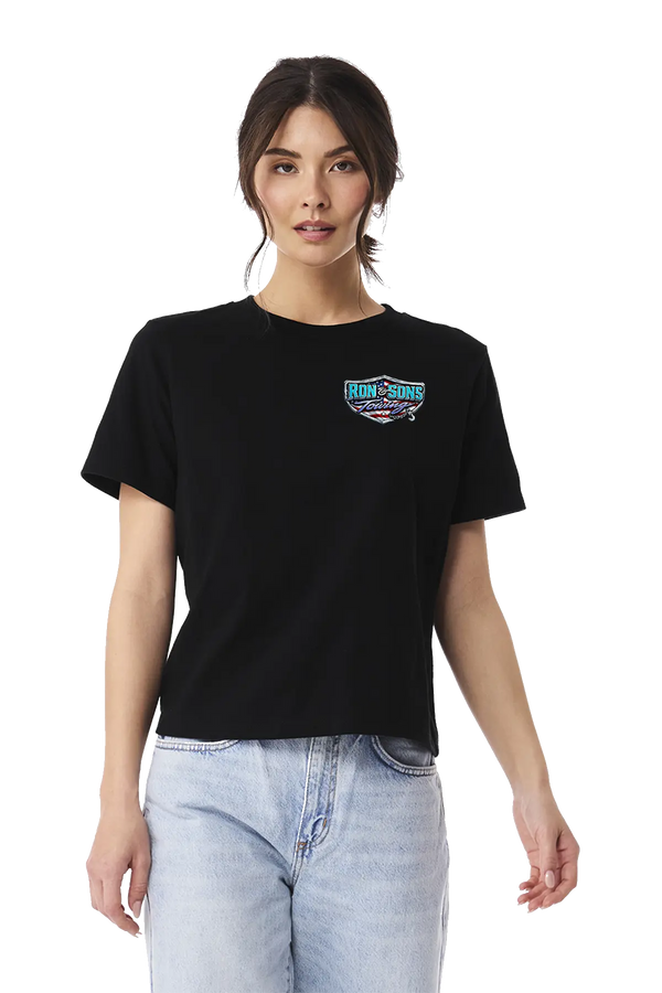 Person wearing a black t-shirt with a logo on a white background. Ron and Sons Towing, Paper Street Print Co, Blairstown, NJ.