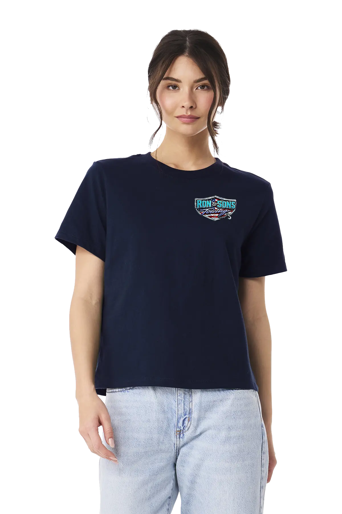 Woman wearing a navy blue t-shirt with a logo on a white background. Ron and Sons Towing, Paper Street Print Co, Blairstown, NJ.
