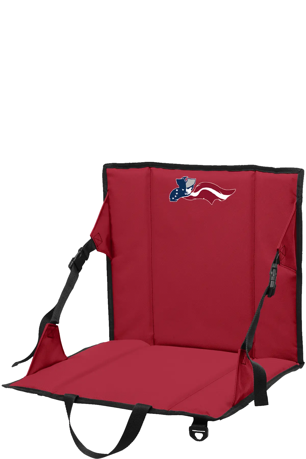 Red stadium seat with black straps on a white background. Paper Street Print Co, Blairstown, NJ.