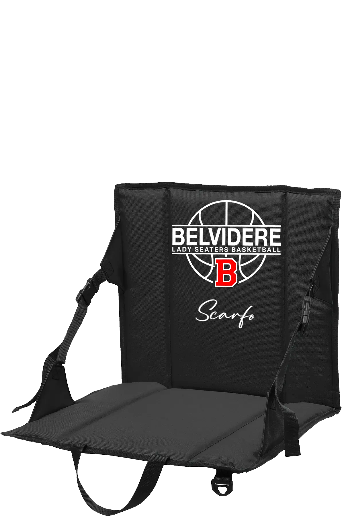 A black portable folding stadium seat with a backrest, featuring a white and red Belvidere Lady Seaters Basketball logo and the name 'Scarfo' printed on the front, shown against a plain white background. Paper Street Print Co, Blairstown, NJ.