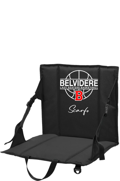 A black portable folding stadium seat with a backrest, featuring a white and red Belvidere Lady Seaters Basketball logo and the name 'Scarfo' printed on the front, shown against a plain white background. Paper Street Print Co, Blairstown, NJ.