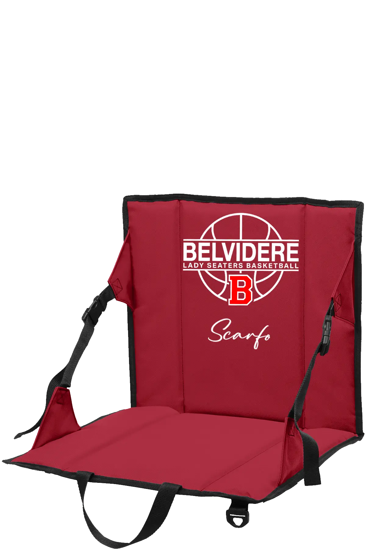 A red portable folding stadium chair with black straps and trim, featuring a white and red 'Belvidere Lady Seaters Basketball' logo and the name 'Scarfo' printed on the backrest, shown against a plain white background. Paper Street Print Co, Blairstown, NJ.