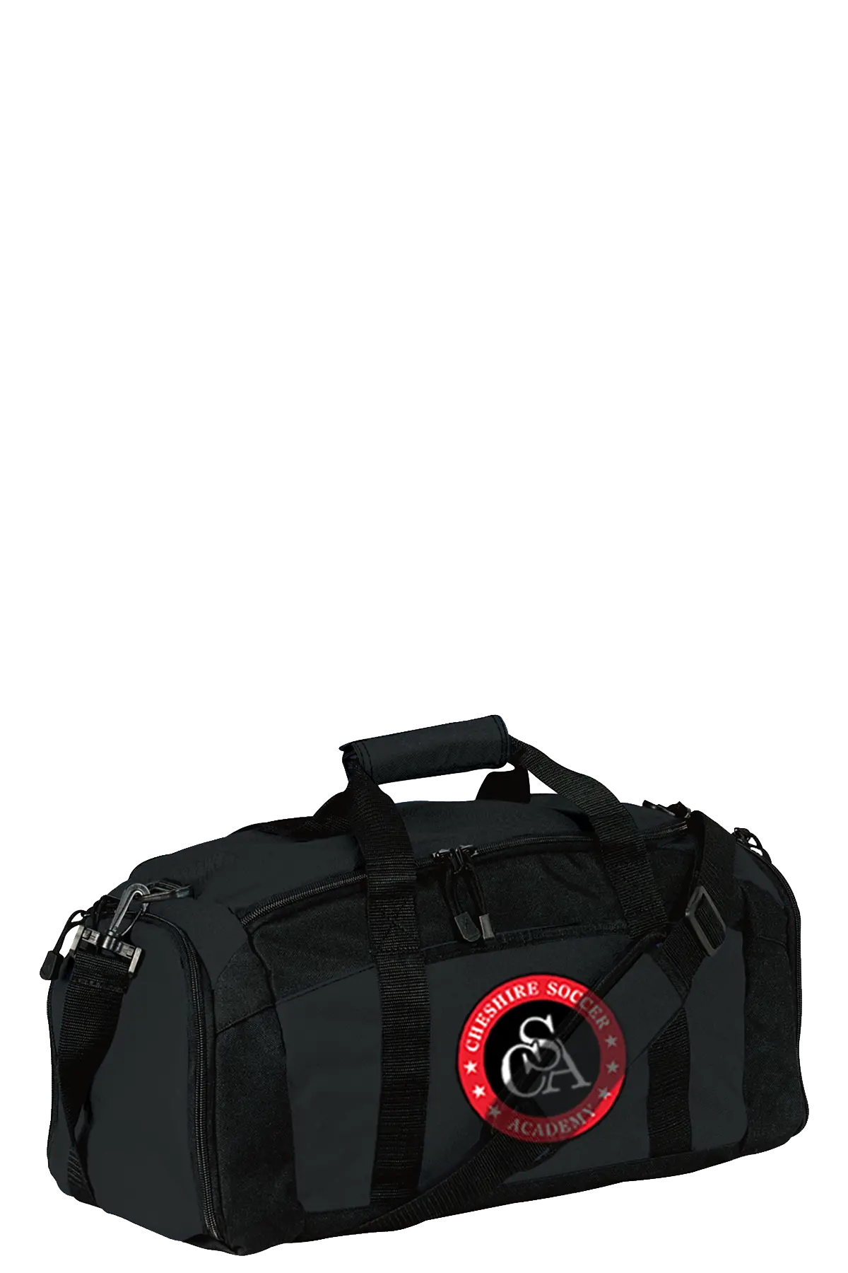 Black duffel bag with a red and white logo on a white background. Paper Street Print Co, Blairstown, NJ.