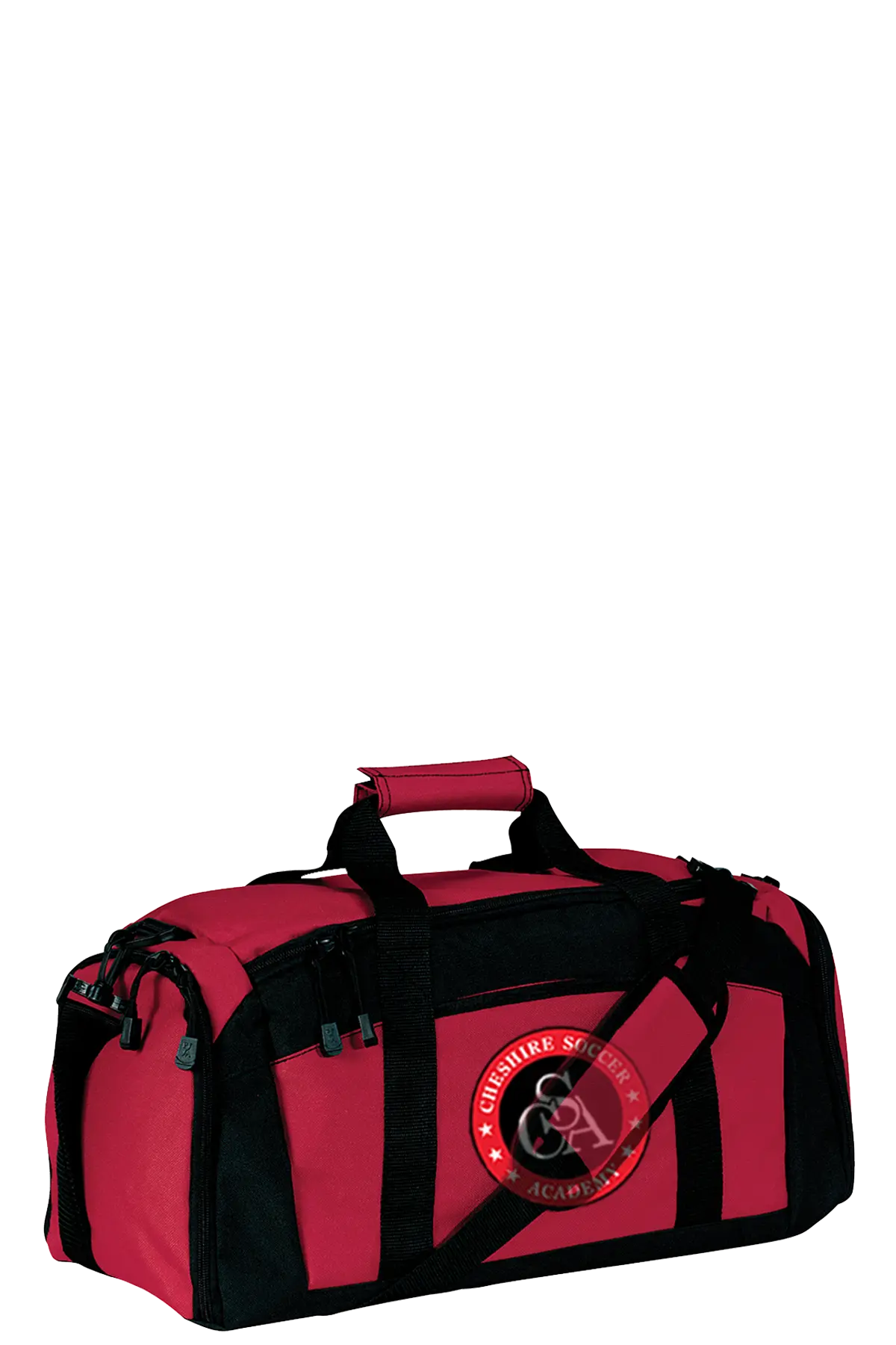 Red and black duffel bag with a logo on a white background. Paper Street Print Co, Blairstown, NJ.