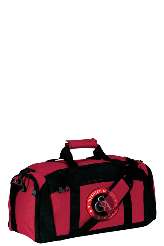 Red and black duffel bag with a logo on a white background. Paper Street Print Co, Blairstown, NJ.