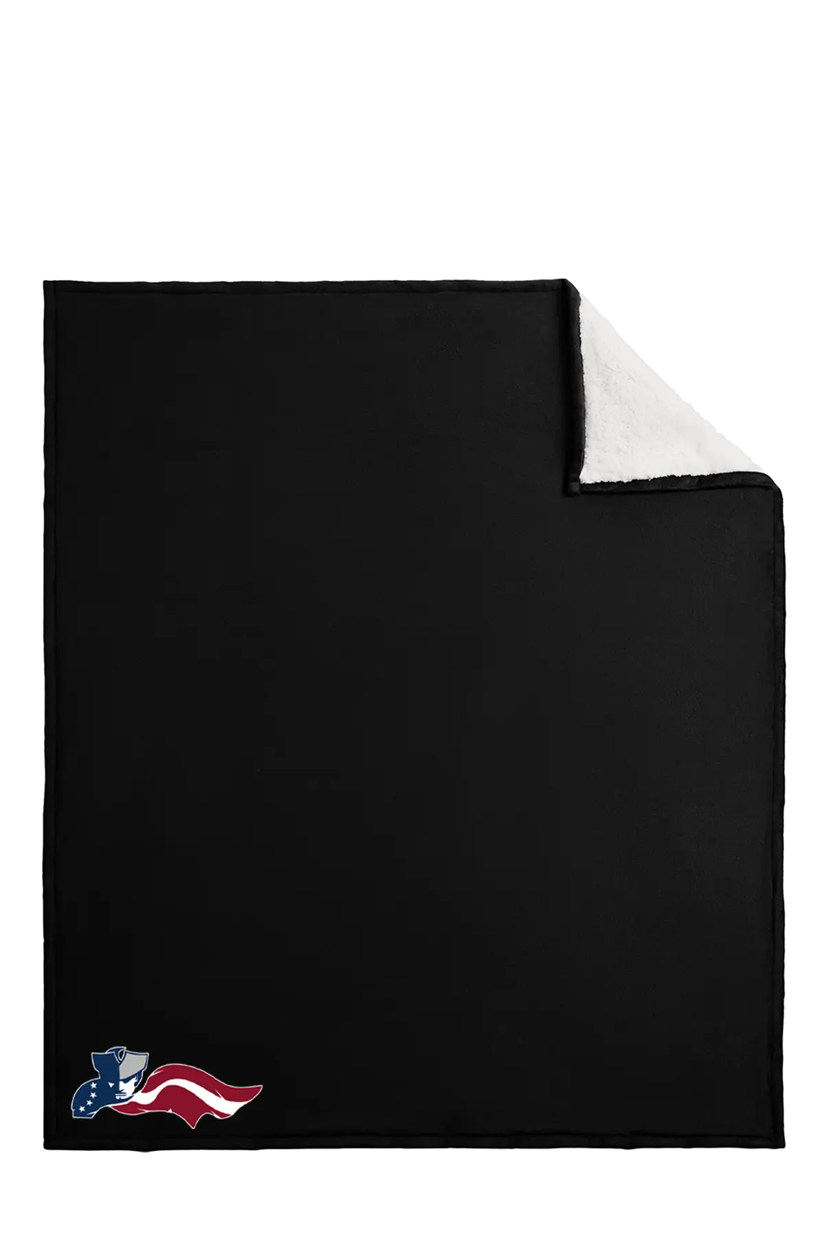 Black blanket with a small logo on a white background. Paper Street Print Co, Blairstown, NJ.