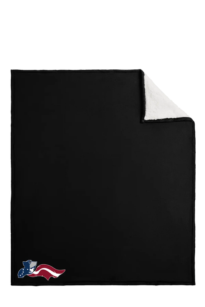 Black blanket with a small logo on a white background. Paper Street Print Co, Blairstown, NJ.