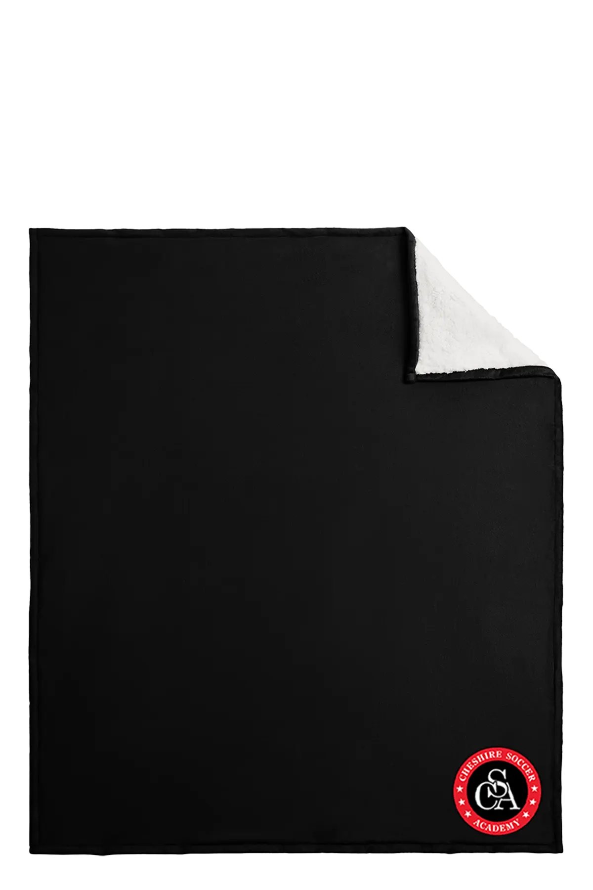 Black blanket with a red and white logo on a white background. Paper Street Print Co, Blairstown, NJ.