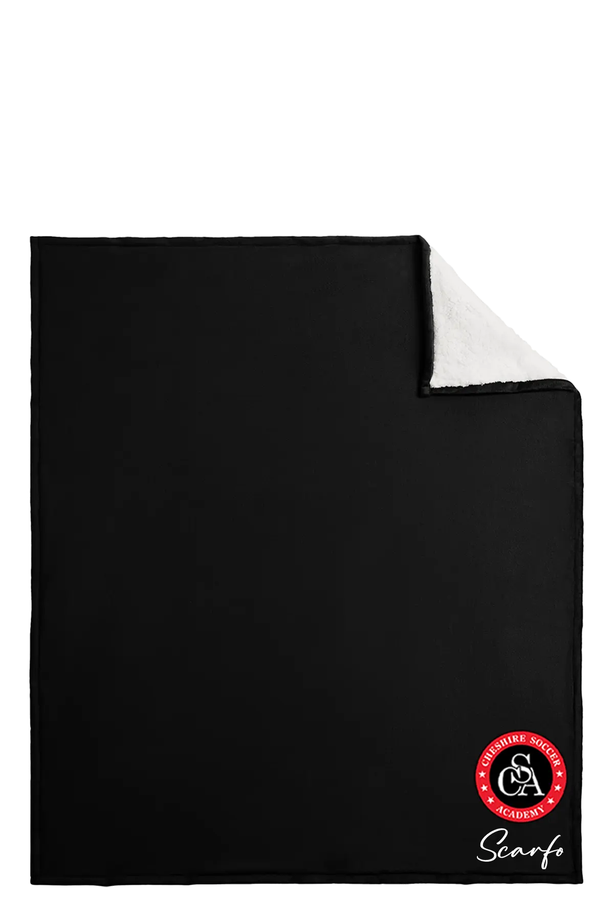 Black blanket with a red and white logo on a white background. Paper Street Print Co, Blairstown, NJ.