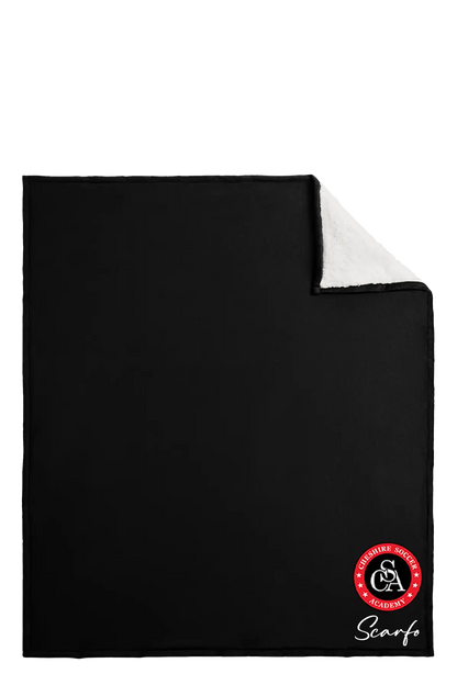 Black blanket with a red and white logo on a white background. Paper Street Print Co, Blairstown, NJ.