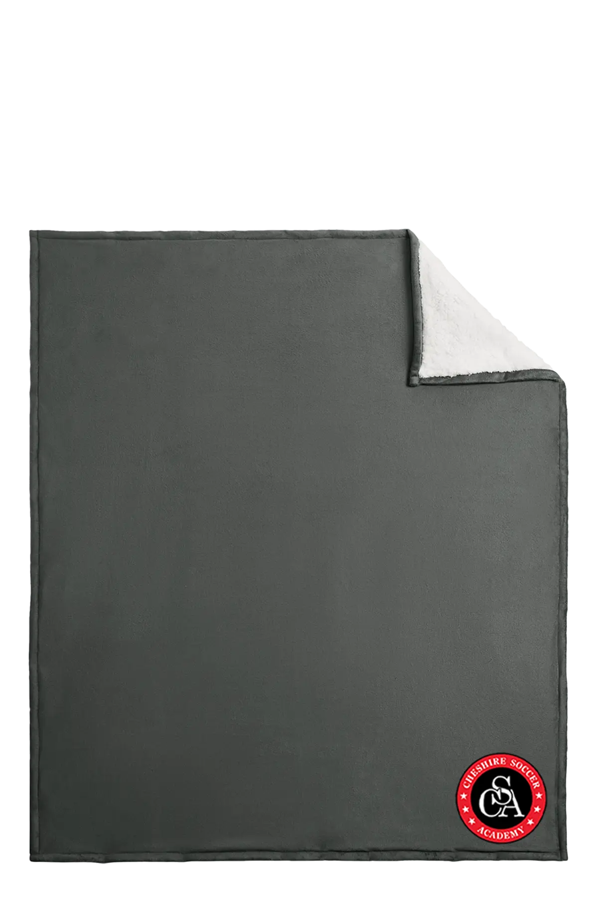 Gray blanket with a logo on a white background. Paper Street Print Co, Blairstown, NJ.