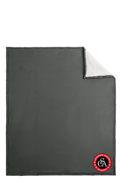 Gray blanket with a logo on a white background. Paper Street Print Co, Blairstown, NJ.