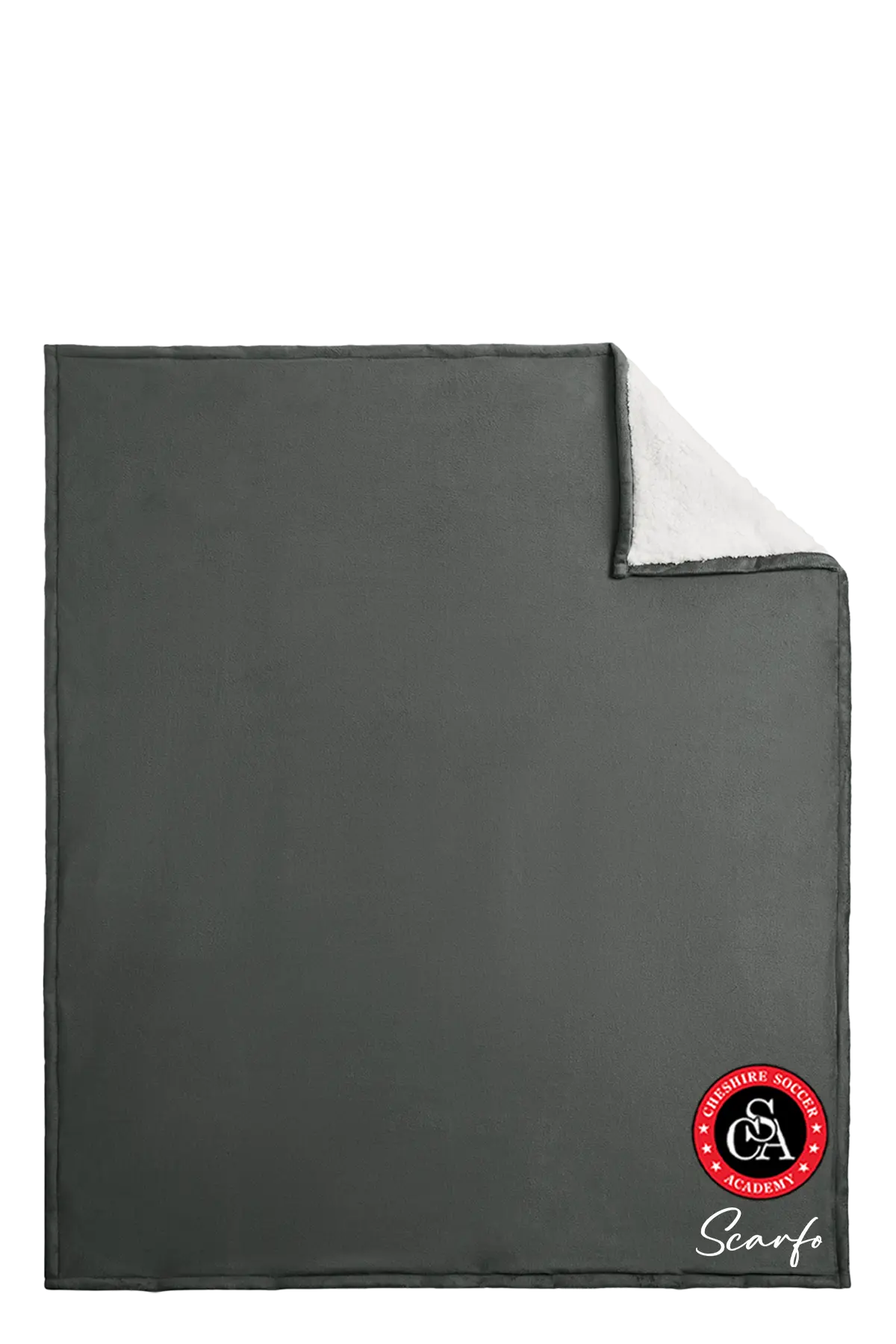 Gray blanket with a logo on a white background. Paper Street Print Co, Blairstown, NJ.