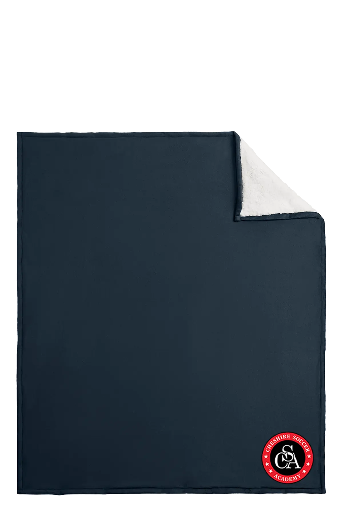 Black blanket with a red and white logo on a white background. Paper Street Print Co, Blairstown, NJ.