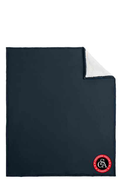 Black blanket with a red and white logo on a white background. Paper Street Print Co, Blairstown, NJ.