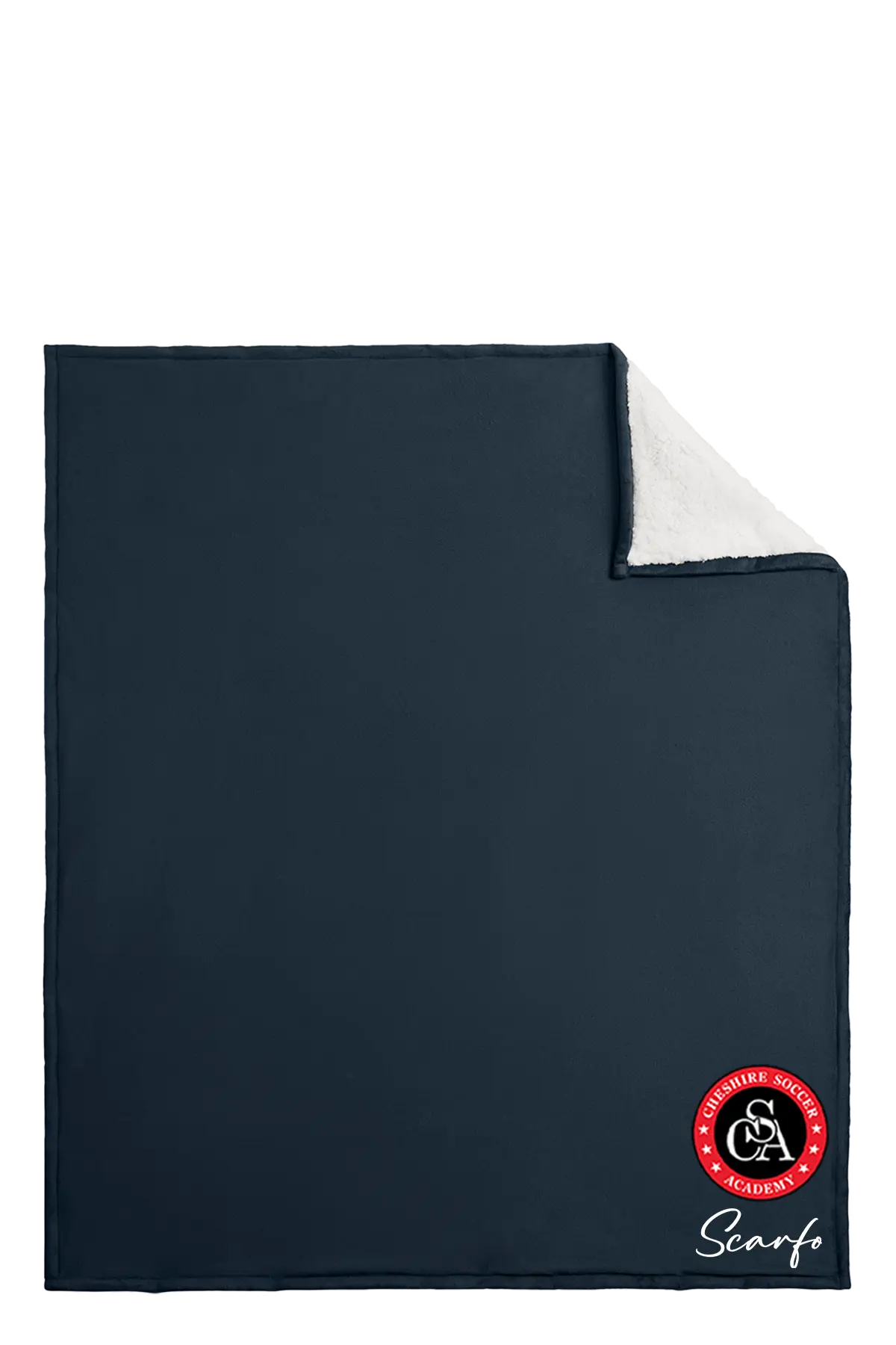 Black blanket with a red and white logo on a white background. Paper Street Print Co, Blairstown, NJ.