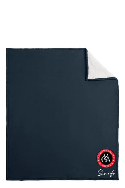 Black blanket with a red and white logo on a white background. Paper Street Print Co, Blairstown, NJ.