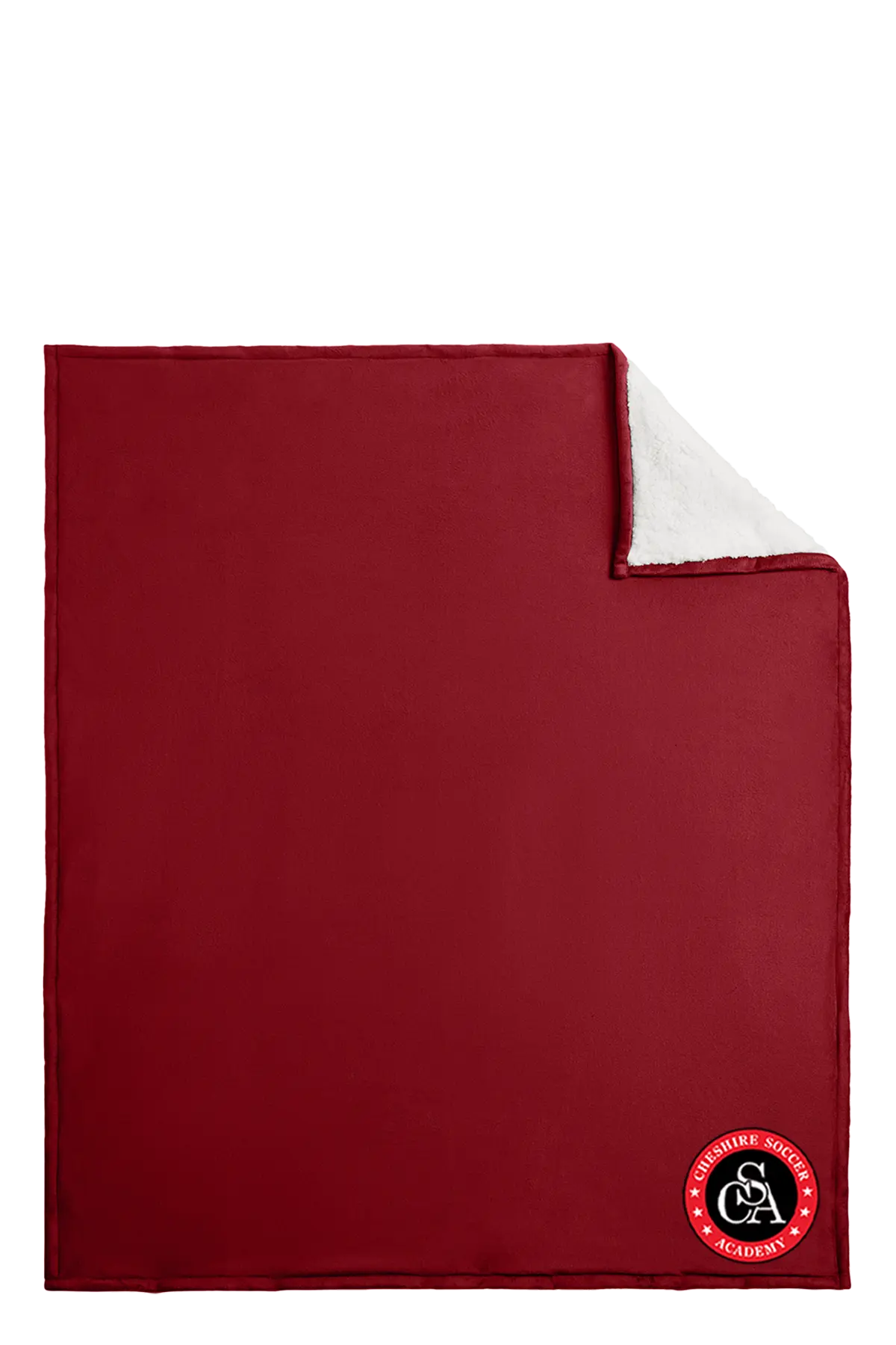 Red blanket with a logo on a white background. Paper Street Print Co, Blairstown, NJ.