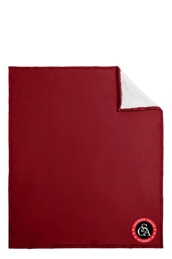 Red blanket with a logo on a white background. Paper Street Print Co, Blairstown, NJ.