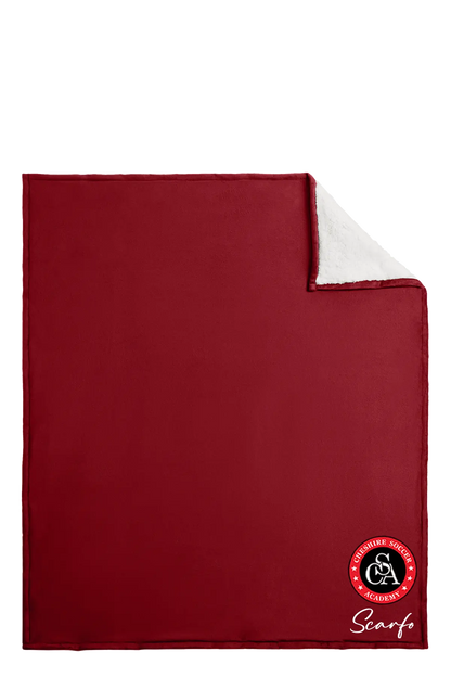 Red scarf with a brand logo on a white background. Paper Street Print Co, Blairstown, NJ.