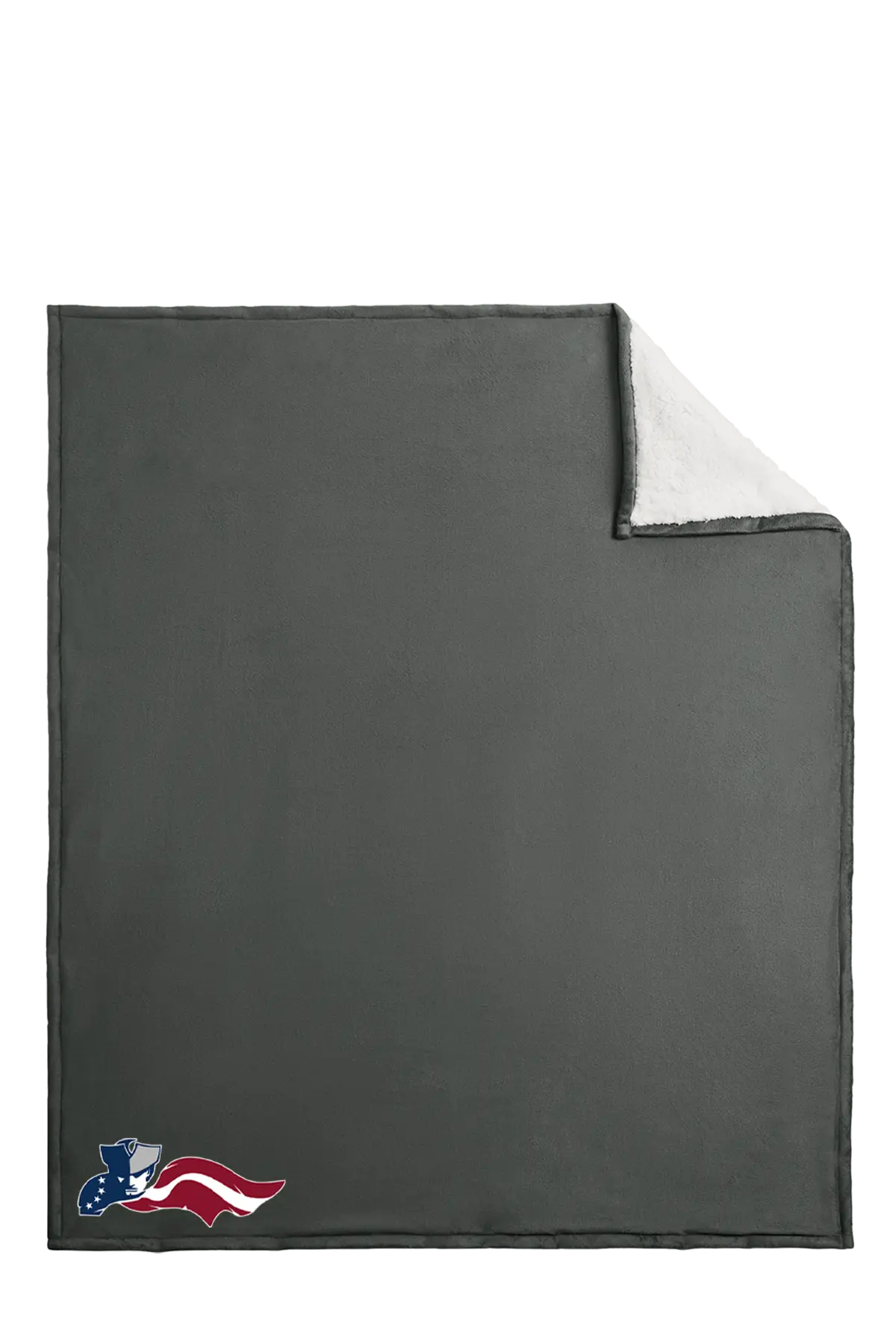 Gray blanket with a corner folded over, featuring an American flag logo in the corner. Paper Street Print Co, Blairstown, NJ.