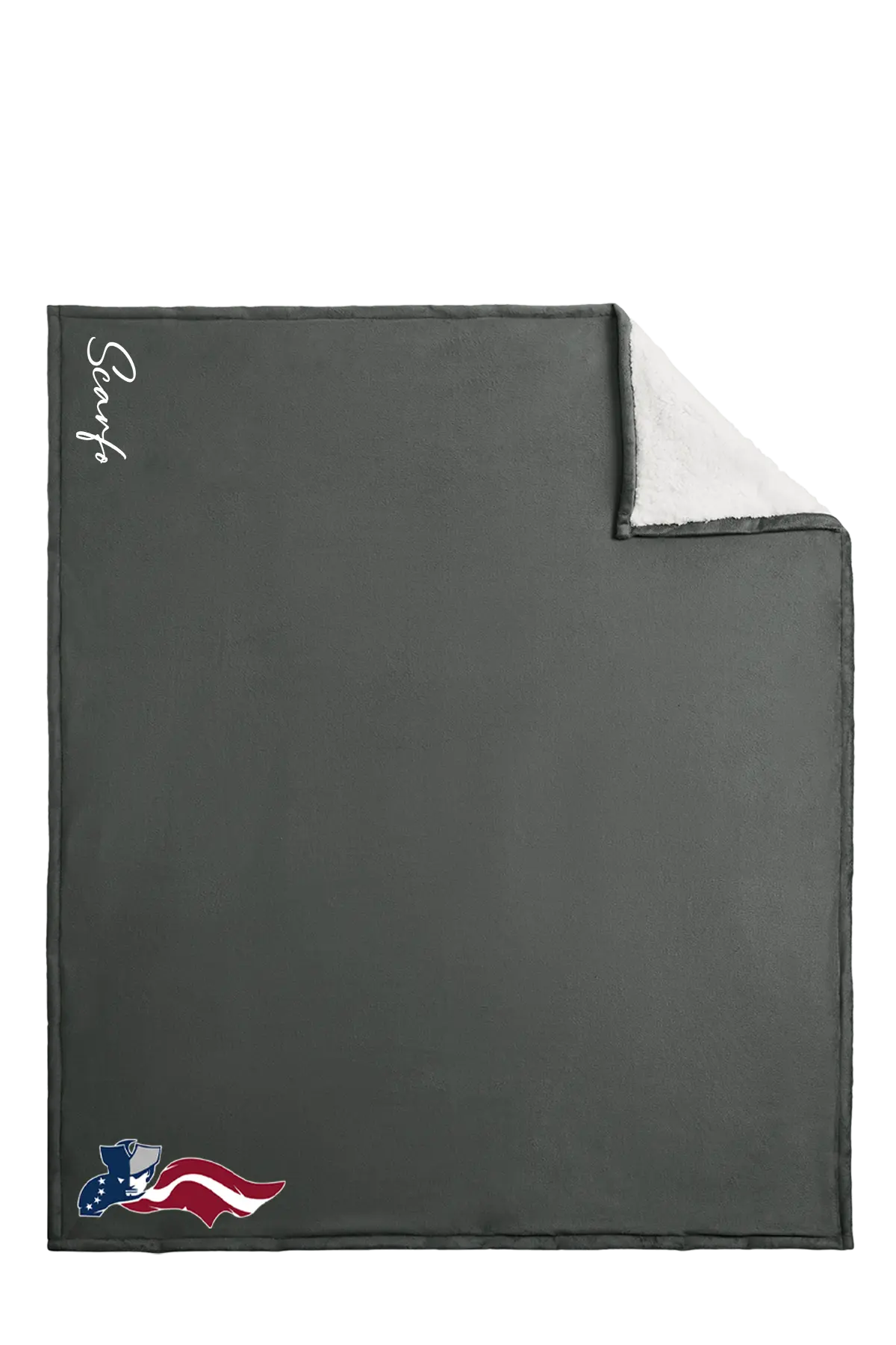 Gray blanket with 'Surf' branding and American flag logo on a white background. Paper Street Print Co, Blairstown, NJ.