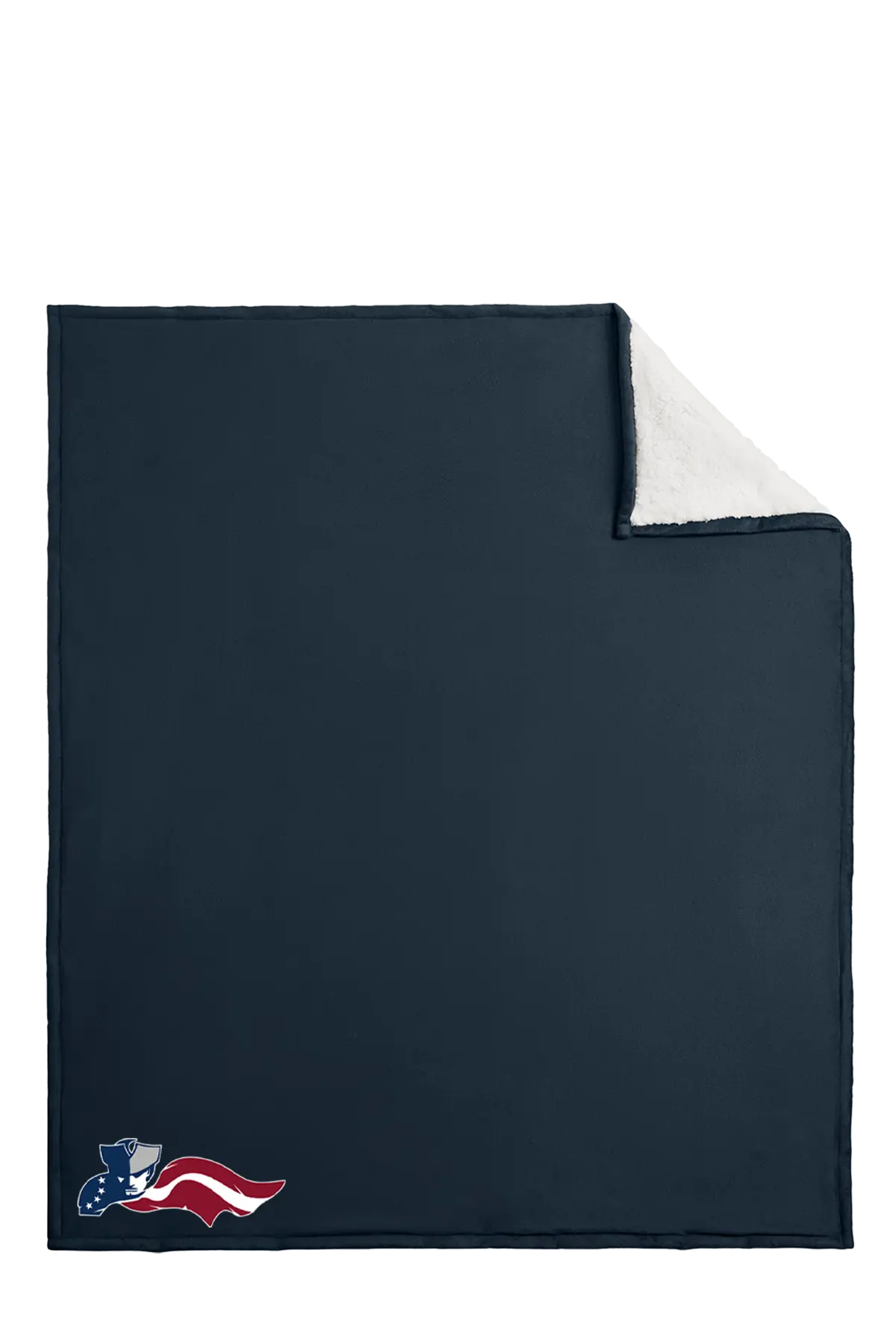 Navy blue blanket with a small logo on a white background. Paper Street Print Co, Blairstown, NJ.