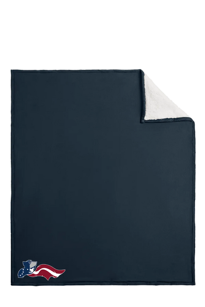 Navy blue blanket with a small logo on a white background. Paper Street Print Co, Blairstown, NJ.