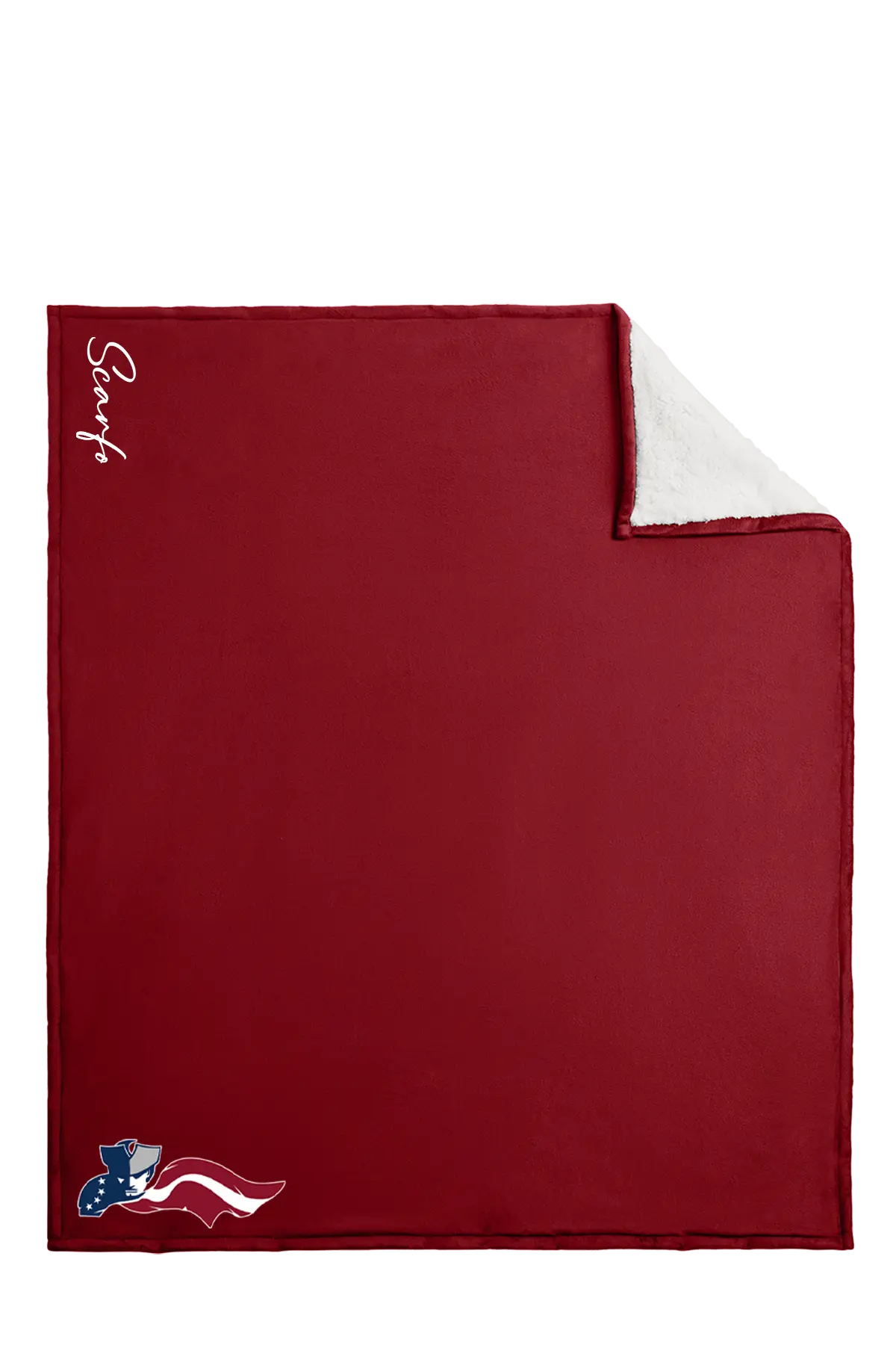 Red blanket with white corner and 'Surf' branding on a white background. Paper Street Print Co, Blairstown, NJ.