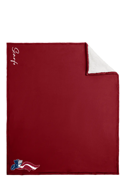 Red blanket with white corner and 'Surf' branding on a white background. Paper Street Print Co, Blairstown, NJ.