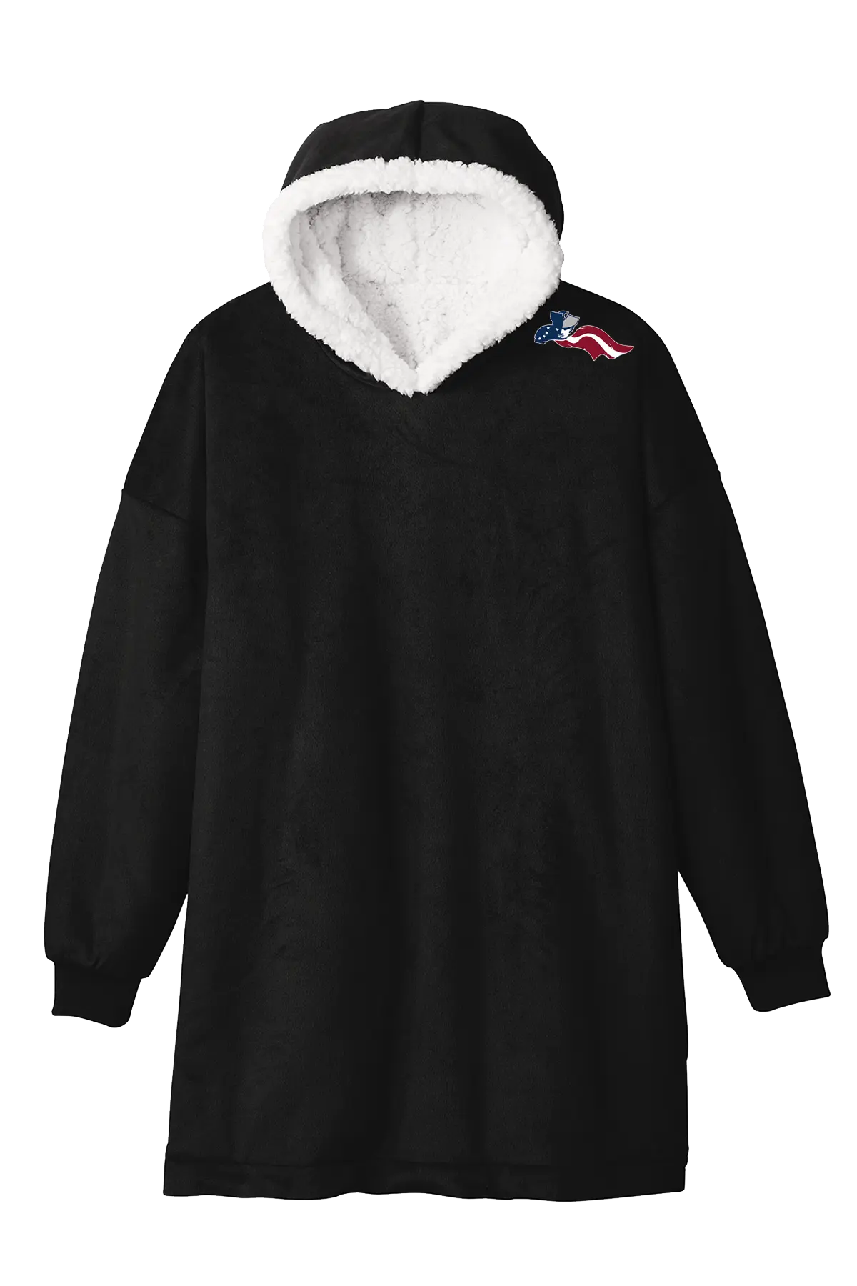 Black hoodie with white fur lining on a white background. Paper Street Print Co, Blairstown, NJ.