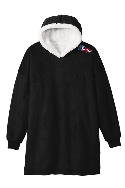 Black hoodie with white fur lining on a white background. Paper Street Print Co, Blairstown, NJ.