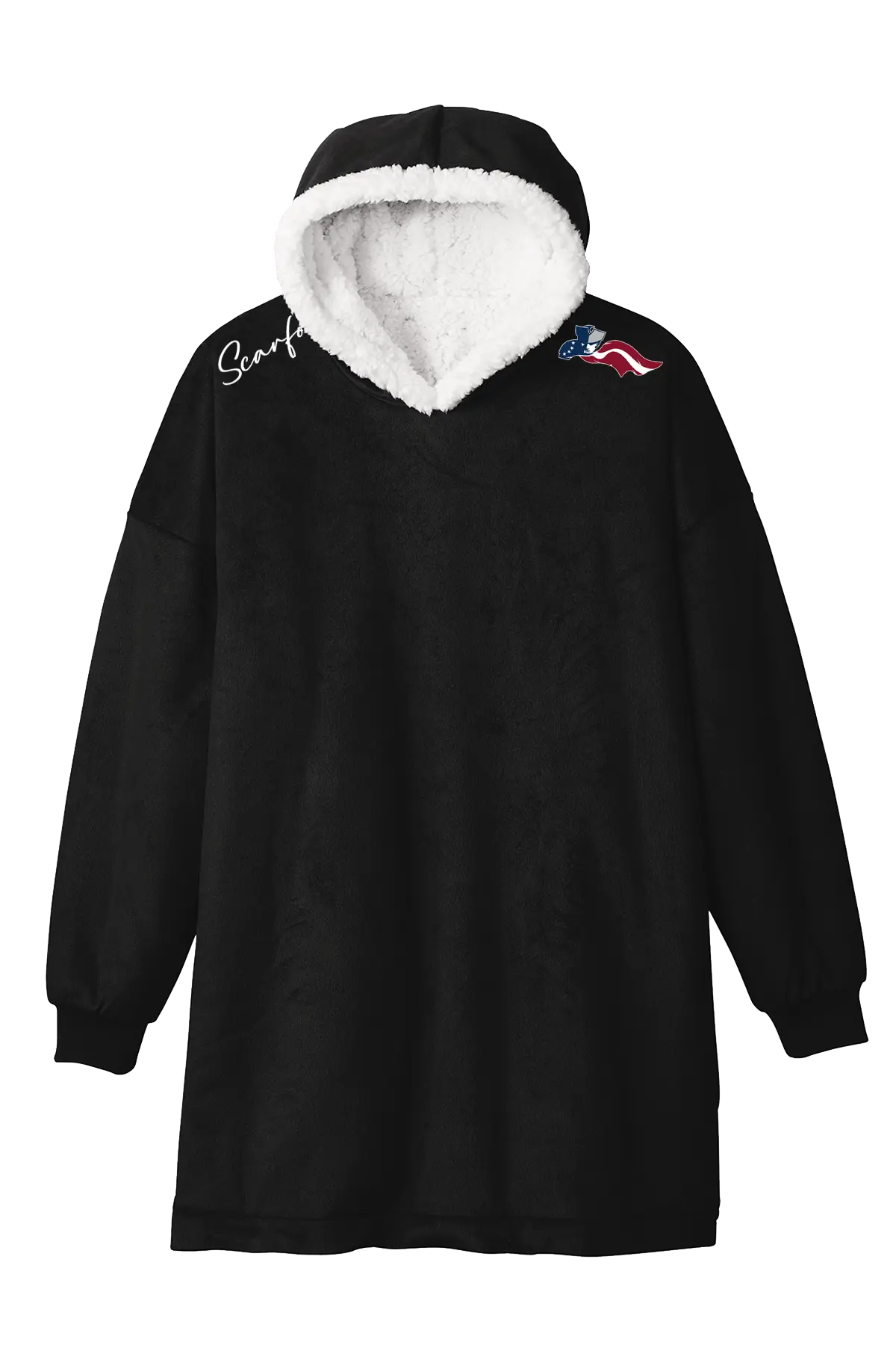Black hoodie with white sherpa lining and logo on a white background. Paper Street Print Co, Blairstown, NJ.