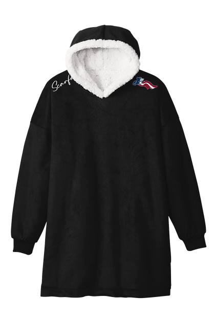 Black hoodie with white sherpa lining and logo on a white background. Paper Street Print Co, Blairstown, NJ.