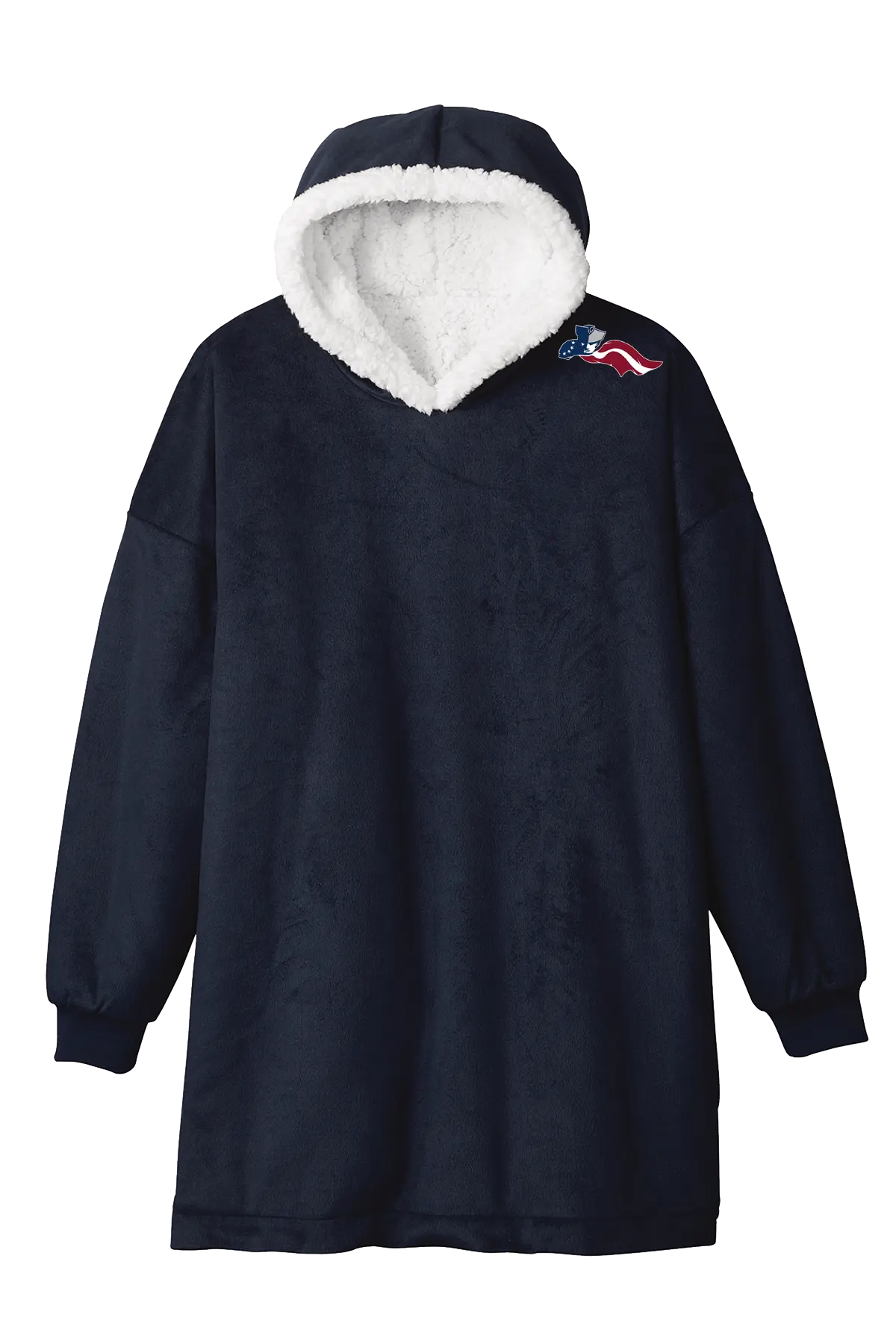 Navy blue fleece dress with white hood and logo on a white background. Paper Street Print Co, Blairstown, NJ.