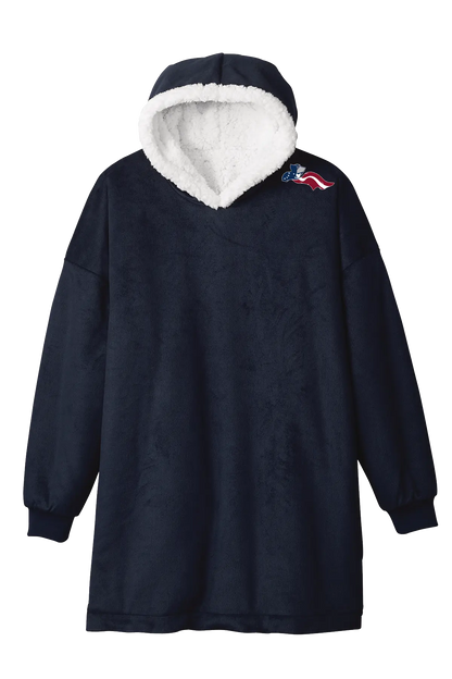 Navy blue fleece dress with white hood and logo on a white background. Paper Street Print Co, Blairstown, NJ.