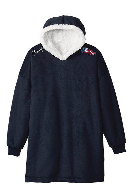 Navy blue hoodie with white lining and logo on a white background. Paper Street Print Co, Blairstown, NJ.