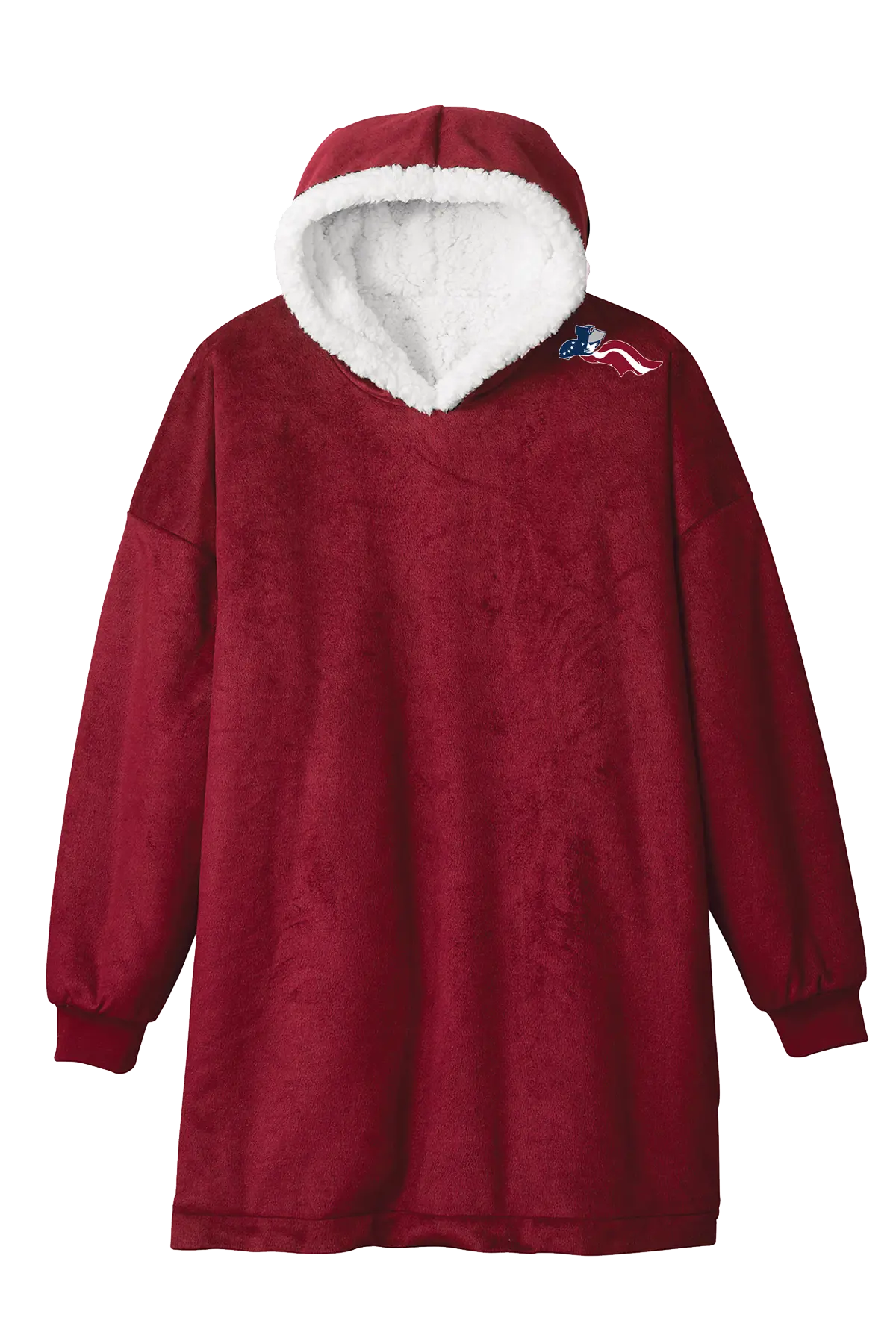 Red fleece pullover with white hood on a white background. Paper Street Print Co, Blairstown, NJ.