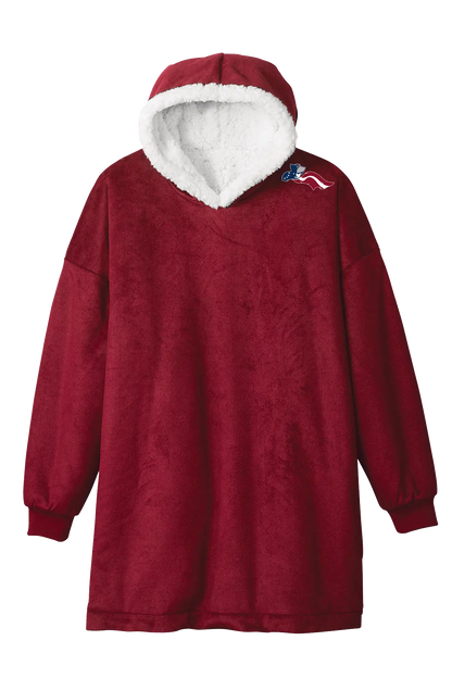 Red fleece pullover with white hood on a white background. Paper Street Print Co, Blairstown, NJ.