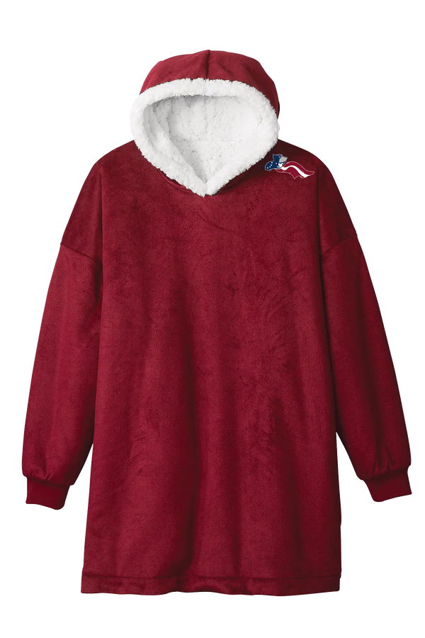 Red fleece pullover with white hood on a white background. Paper Street Print Co, Blairstown, NJ.
